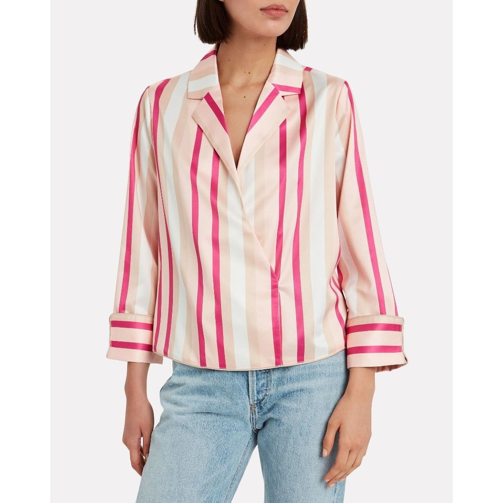 NOTES DU NORD Liv Striped Blouse 40 Wrap Collar Pink/White